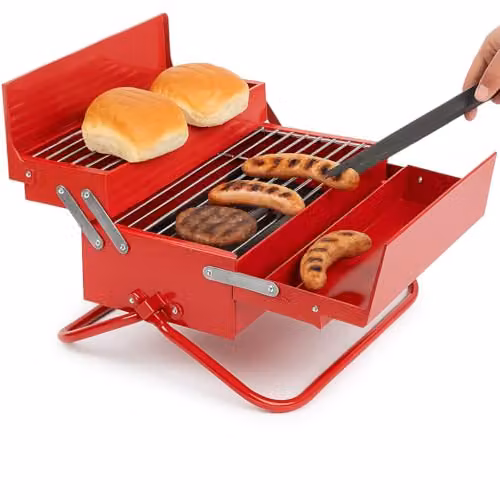 Suck UK Stainless Steel Charcoal Tabletop BBQ Grill in Red and Silver with Warming Rack