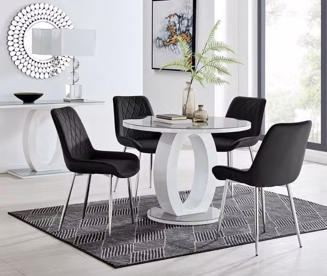 FurnitureboxUK Giovani Round 4 Seat Dining Set with Grey Glass Top White High Gloss Halo Base Table and 4 Black Soft Velvet Pesaro Chairs with Silver Legs, Diameter: 100 cm – 1