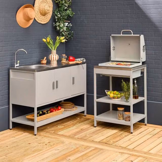 sweeek Outdoor Kitchen with Charcoal Barbecue and 2 Sink Modules in Beige