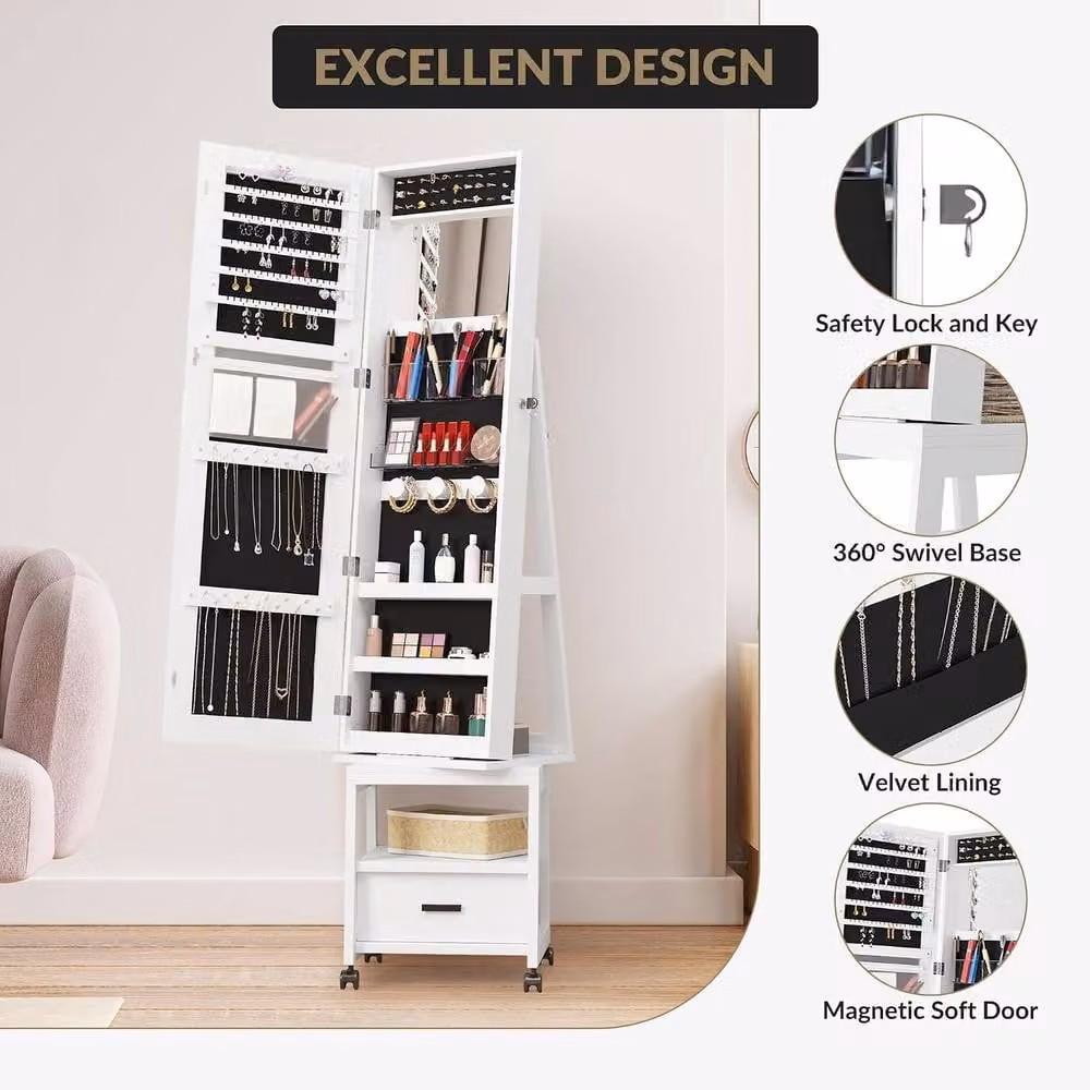 London Boutique 360 Swivel Jewelry Armoire Cabinet with Lockable Full-Length Mirror in White – 2
