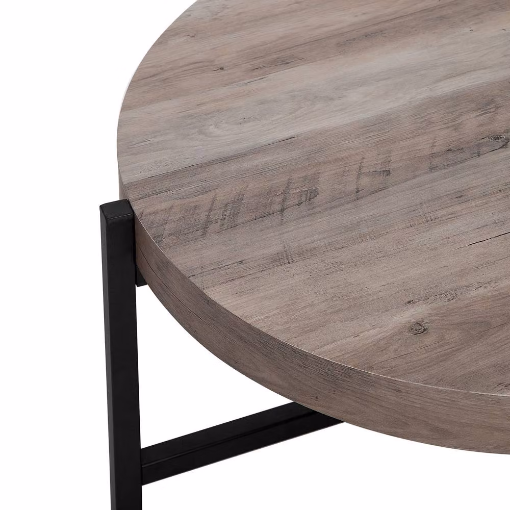 Wyld and Coco Round Coffee Table with Taupe Wood-Look MDF Top and Black Metal Legs, Diameter: 70 cm, Height: 42 cm – 4