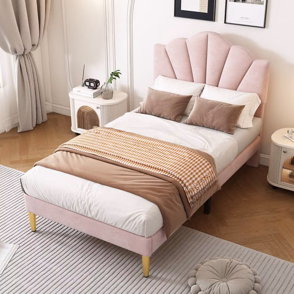 Rolipo Pink Velvet Single Bed with Shell Headboard and Gold Legs, W/D/H: 90 x 190 x 150 cm – 2