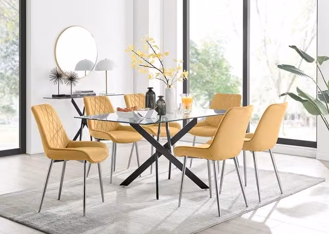 FurnitureboxUK Leonardo Black Leg Glass Dining Table with 6 Pesaro Silver Chairs in Mustard