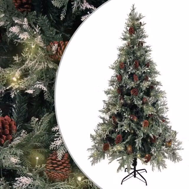 Berkfield Home Pre-lit Christmas Tree with Pine Cones in Green and White, Height: 225 cm – 1