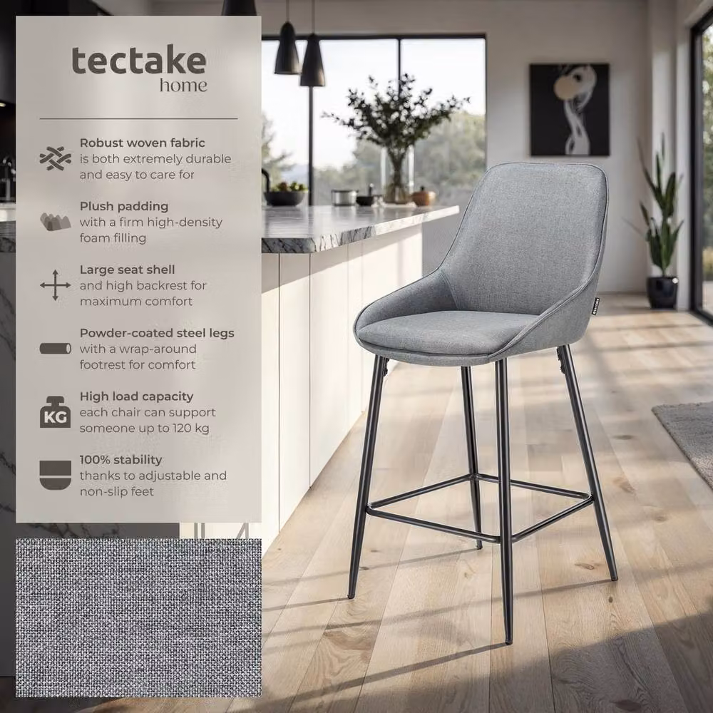 tectake Siera Bar Stool Set of 6 in Grey and Black Woven Fabric – 2