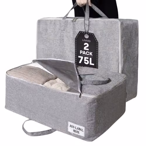 LIVIVO Set of 2 Grey 75L Fabric Clothes and Duvet Storage Bags with Handles, Foldable Underbed Storage Solution – 1