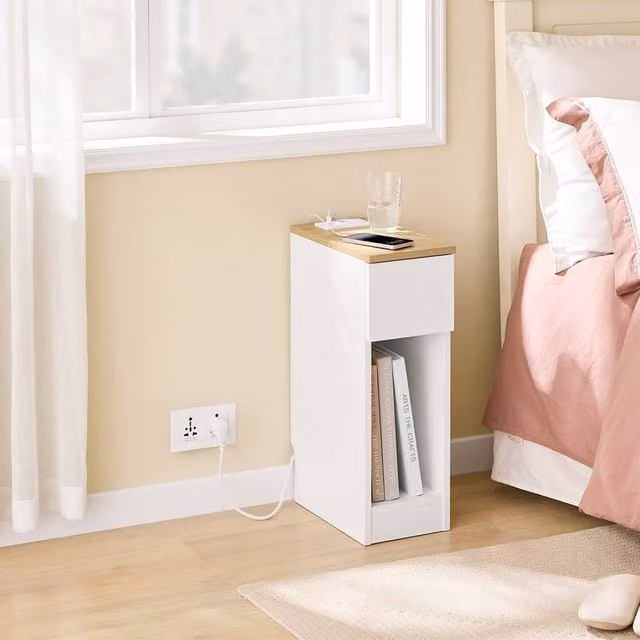 SoBuy Slim Modern White Nightstand with Charging Ports