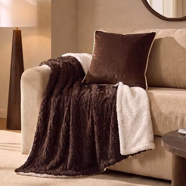 OHS Brown Cable Knit Reversible Sherpa Fleece Throw Blanket, W: 180 cm, D: 200 cm
