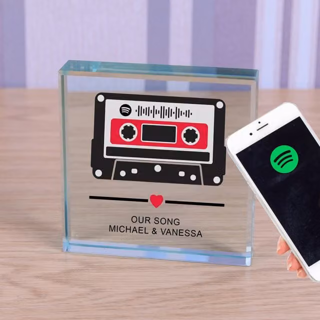 Uniqueful Personalised Our Song Cassette Glass Token Anniversary Keepsake in Transparent and Beige