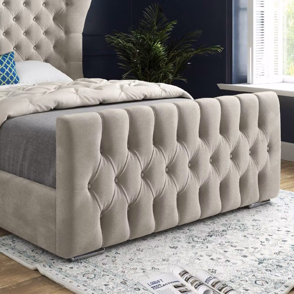 KDMD Zelah Wide Curved Designer Bed Frame in Cream Beige Soft Velvet, W/D/H: 120 x 200 x 137 cm – 4