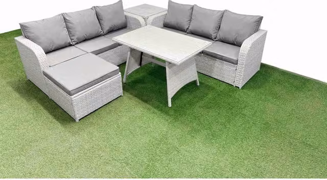 Fimous 8-Seater Grey Rattan Patio Dining and Lounge Set with Glass Top