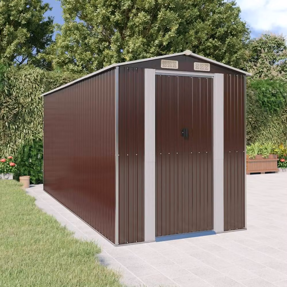 Berkfield Home Garden Shed in Dark Brown, Galvanised Steel with Sliding Doors, W: 192 cm, D: 440 cm, H: 223 cm – 2