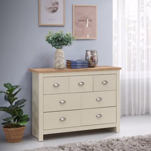Timber Art Design UK Lisbon 7 Drawer Chest of Drawers in Oak Beige and Yellow