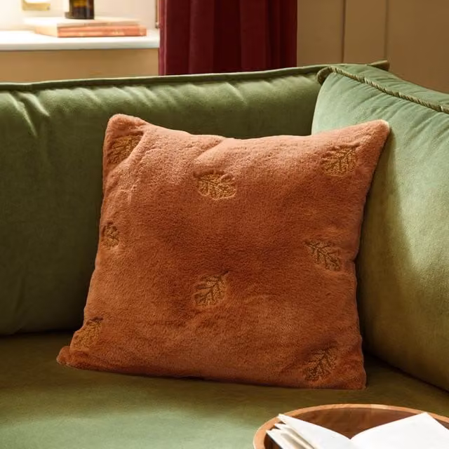 Furn Autumn Trail Embroidered Faux Fur Cushion in Orange, W/D/H: 45 x 45 x 45 cm – 1