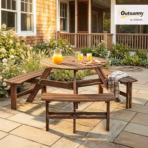 Outsunny 6 Seater Carbonised Wood Garden Dining Set with Table and Benches in Brown – 2