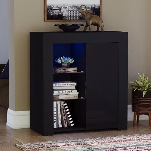 Vida Designs Azura Modern High Gloss 1 Door LED Sideboard in Black with Integrated RGB Lighting, W/D/H: 75 x 35 x 83 cm – 1
