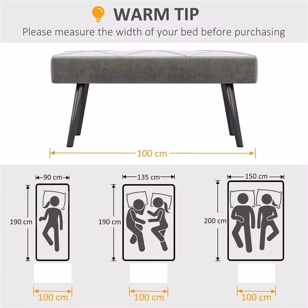 EONLION Grey Velvet Upholstered End of Bed Bench with Metal Frame, Width: 100 cm – 4