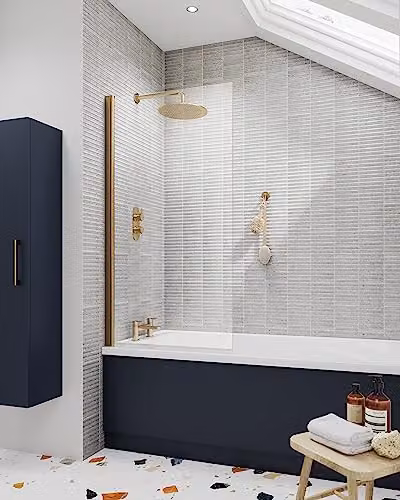nuie NSSQ8 Pacific Modern Square Hinged Bath Screen, 6mm Toughened Safety Glass, Clear, Brushed Brass – 2