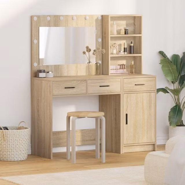 Berkfield Home 2-Piece Modern Hollywood LED Dressing Table Set in Brown Sonoma Oak