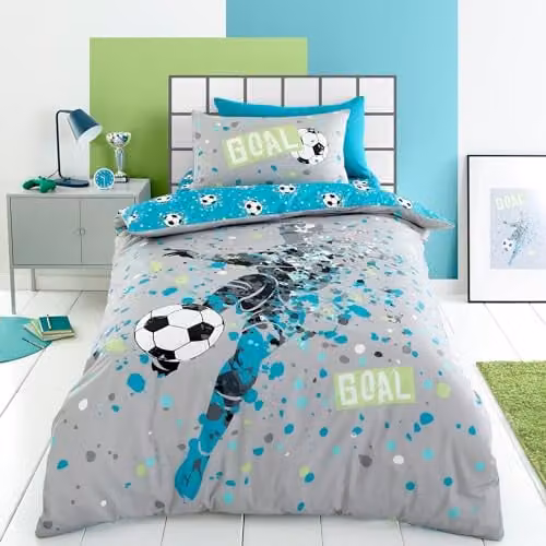 J Rosenthal & Son Bedlam Blue and Grey Aqua Football Duvet Cover and Pillowcase Set for Children, W/D/H: 200 x 200 cm