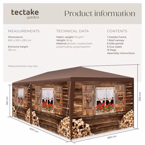 tectake Alpine Hut Design Garden Gazebo in Brown with Removable Side Panels and Windows, W/D/H: 600 x 300 x 250 cm – 5