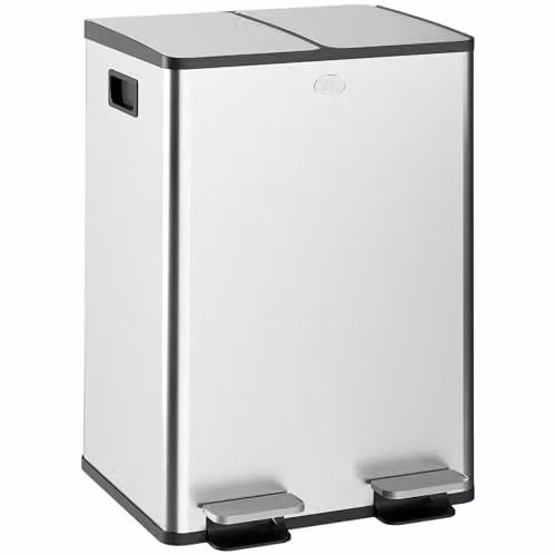 HOMCOM Dual Kitchen Pedal Bin with Soft Close Lids and Odour Filter, 2 x 28L, Silver Stainless Steel – 1
