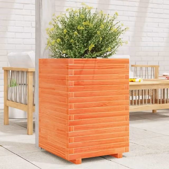 Berkfield Home Waxed Brown Pine Wood Garden Planter Tub W/D/H: 50 x 50 x 72 cm