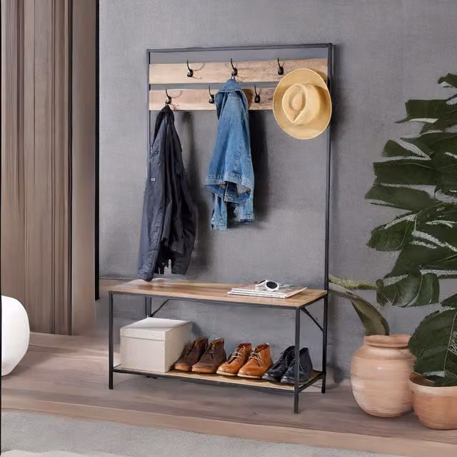 Rafaelo Mobilia Industrial Metal Coat Rack Stand with 7 Hooks and 2 Shelves in Black and Sand, H: 170 cm, W: 100 cm, D: 40 cm