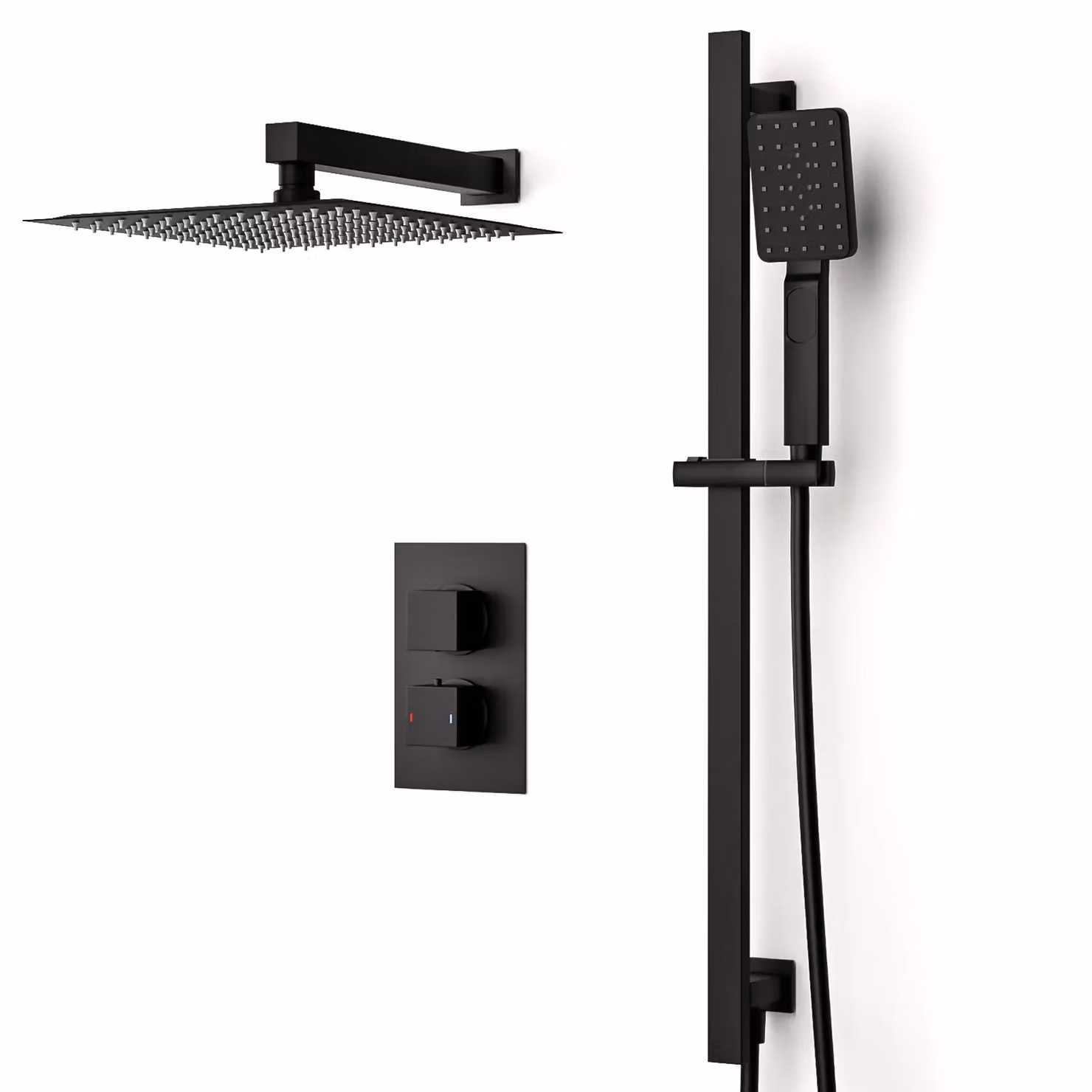 Nes Home Temel 2 Dial Square Thermostatic Shower Mixer Valve, Handset and Riser Rail Kit in Matt Black – 3