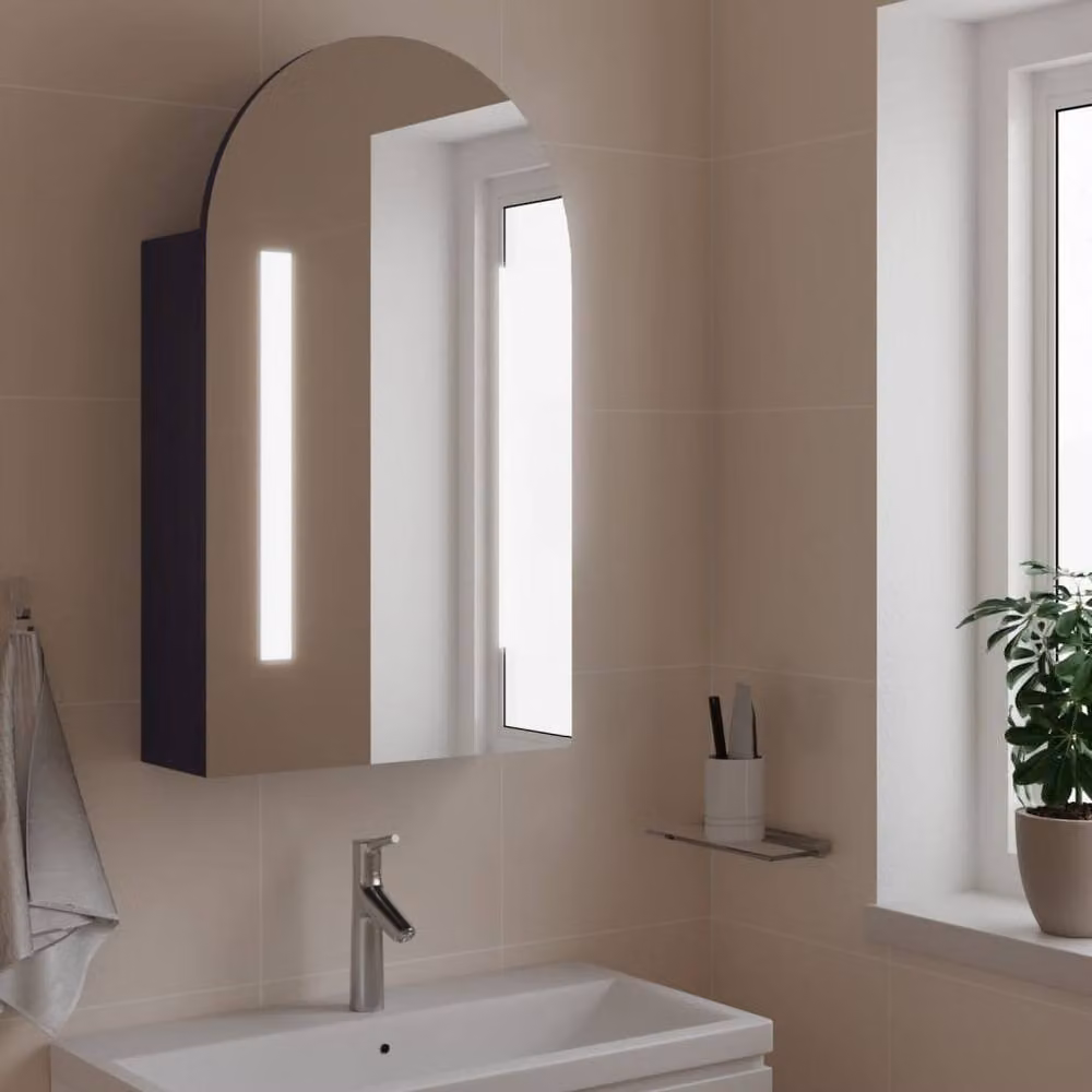 Berkfield Home Grey Arched Bathroom Mirror Cabinet with LED Light and Internal Shelves, W: 42 cm, D: 13 cm, H: 70 cm – 2
