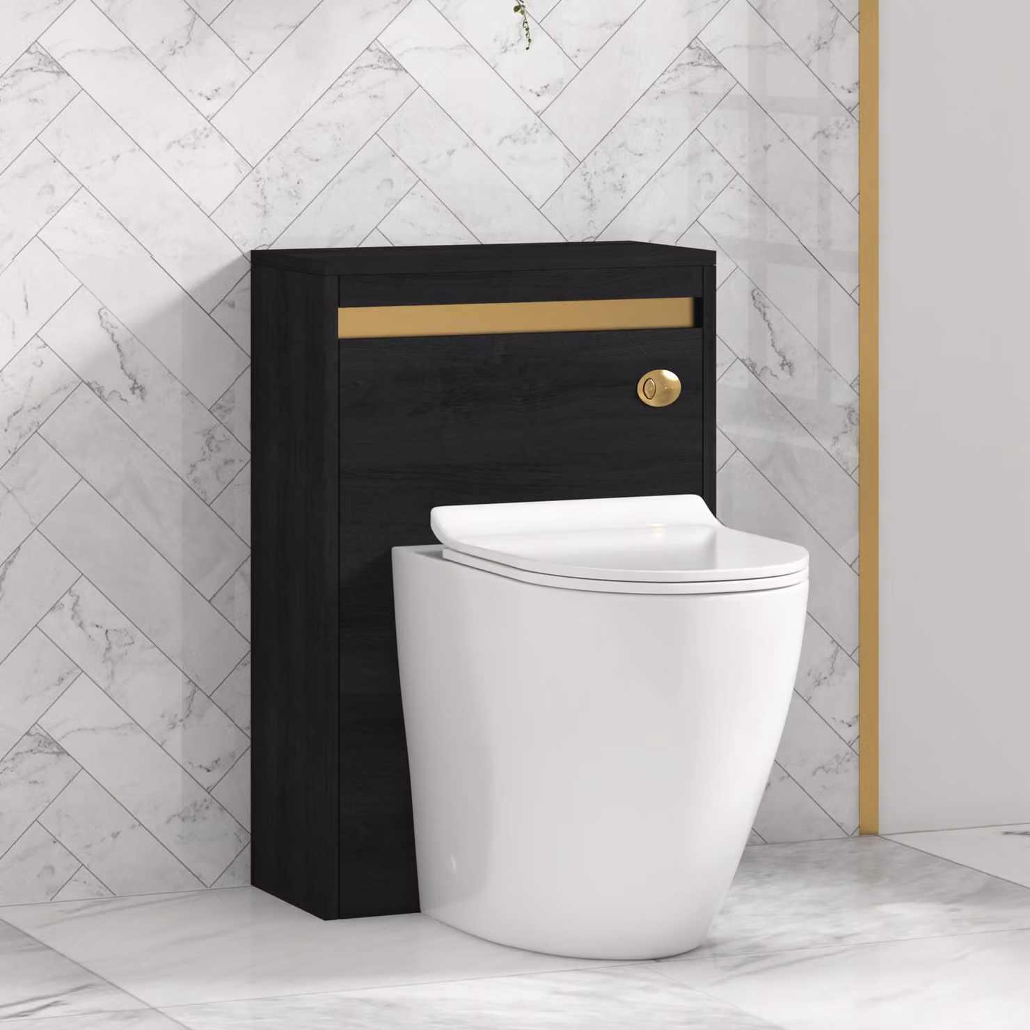 Royal Bathrooms Orion 540mm Hale Black BTW WC Unit with Elva Rimless Short Projection Toilet Pan, Slim Seat and Cistern with Brushed Brass Accent Trim