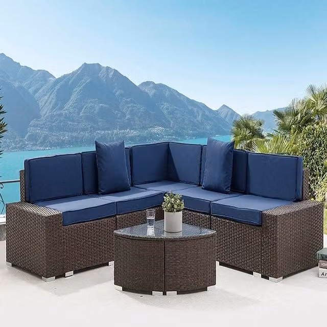 GRS Modern Rattan Corner Lounge Set with Glass Table in Brown and Blue
