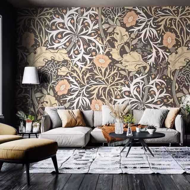 Origin Murals Trailing Seaweed Garden Art Nouveau Wall Mural in Anthracite and Black