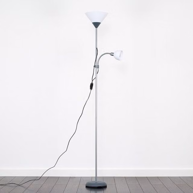 ValueLights Moz Mother and Child Uplighter Floor Lamp with Side Lamp and LED Bulbs in Metallic Silver
