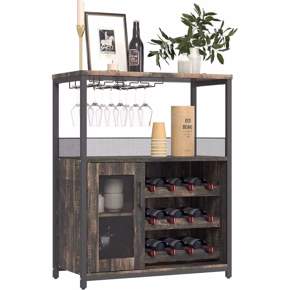 VOGREX Tall Wine Bar Rack Cabinet in Brown with Glass Doors, Adjustable Shelves and Glass Holder – 2