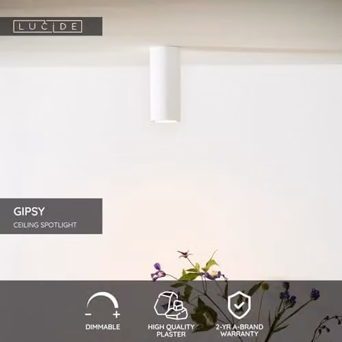 Lucide Gipsy Modern Surface Mounted Plaster Ceiling Spotlight, White, Diameter: 7 cm – 2