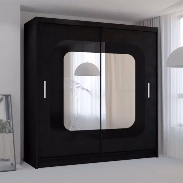MN Furniture Modern Black Glossy Wardrobe with Sliding Mirror Doors and Integrated LED Lighting W/D/H: 203 x 217 cm