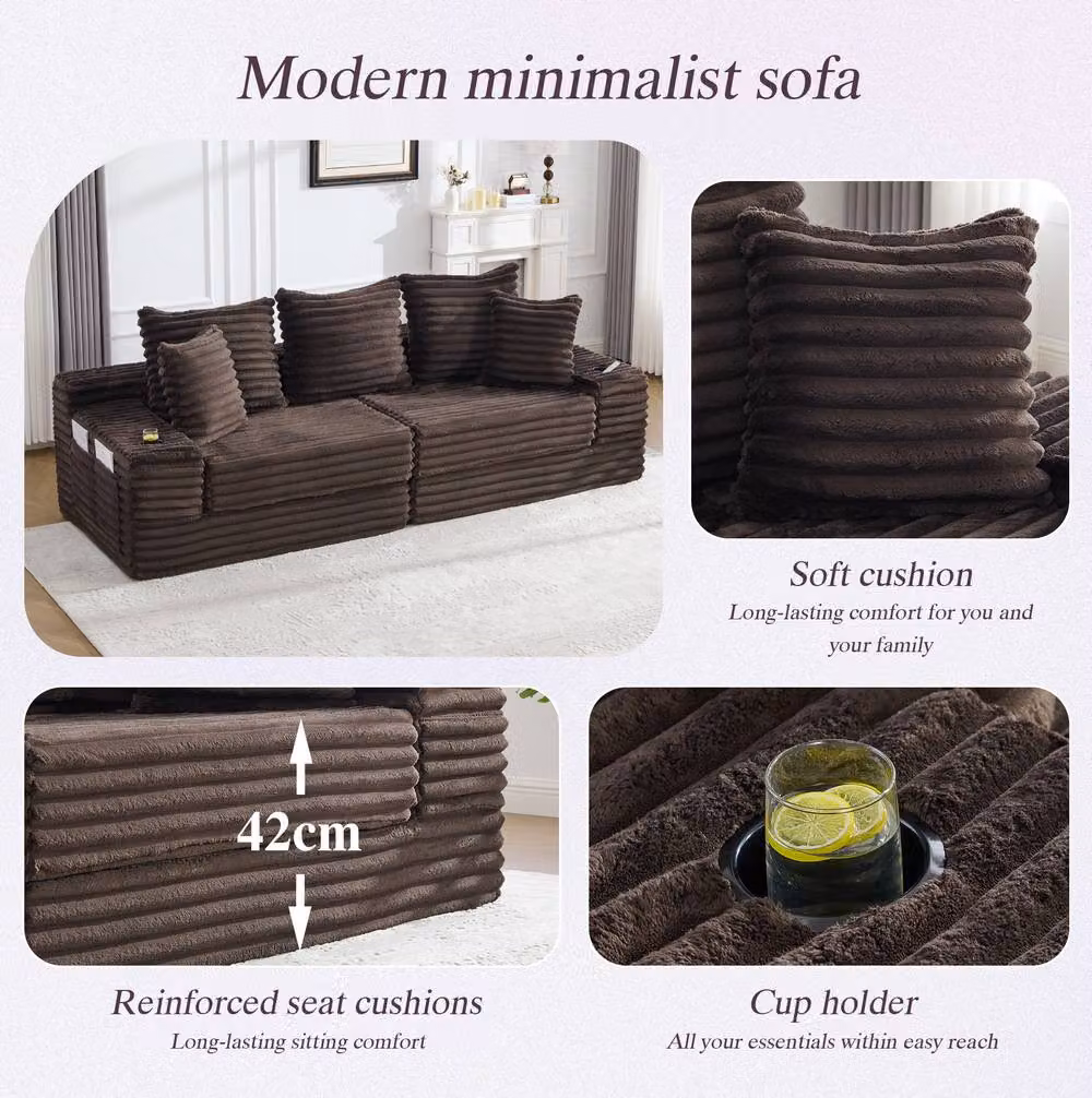 STILVORA Brown Upholstered Convertible Sofa with Cup Holders and Side Pockets – 6
