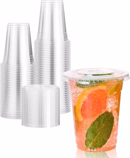 ECONX Pack of 50 Transparent Plastic Smoothie Cups with Flat Lids, 342ml
