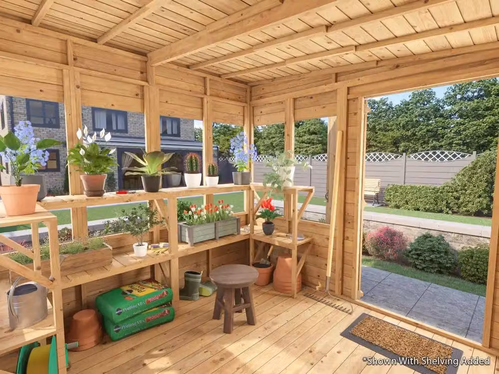 Dunster House Overlord Modular Wooden Pent Roof Potting Shed in Brown, W: 2.4 m, D: 2.4 m – 3