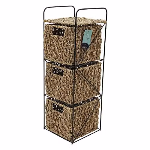 JVL Seagrass 3 Drawer Storage Tower in Brown