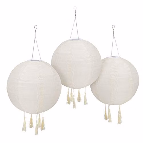 Lights4fun Set of 3 Cream Chinese Hanging Garden Lanterns with Tassels, Solar Powered LED, IP44 Waterproof, W/D/H: 30 x 30 x 30 cm – 3