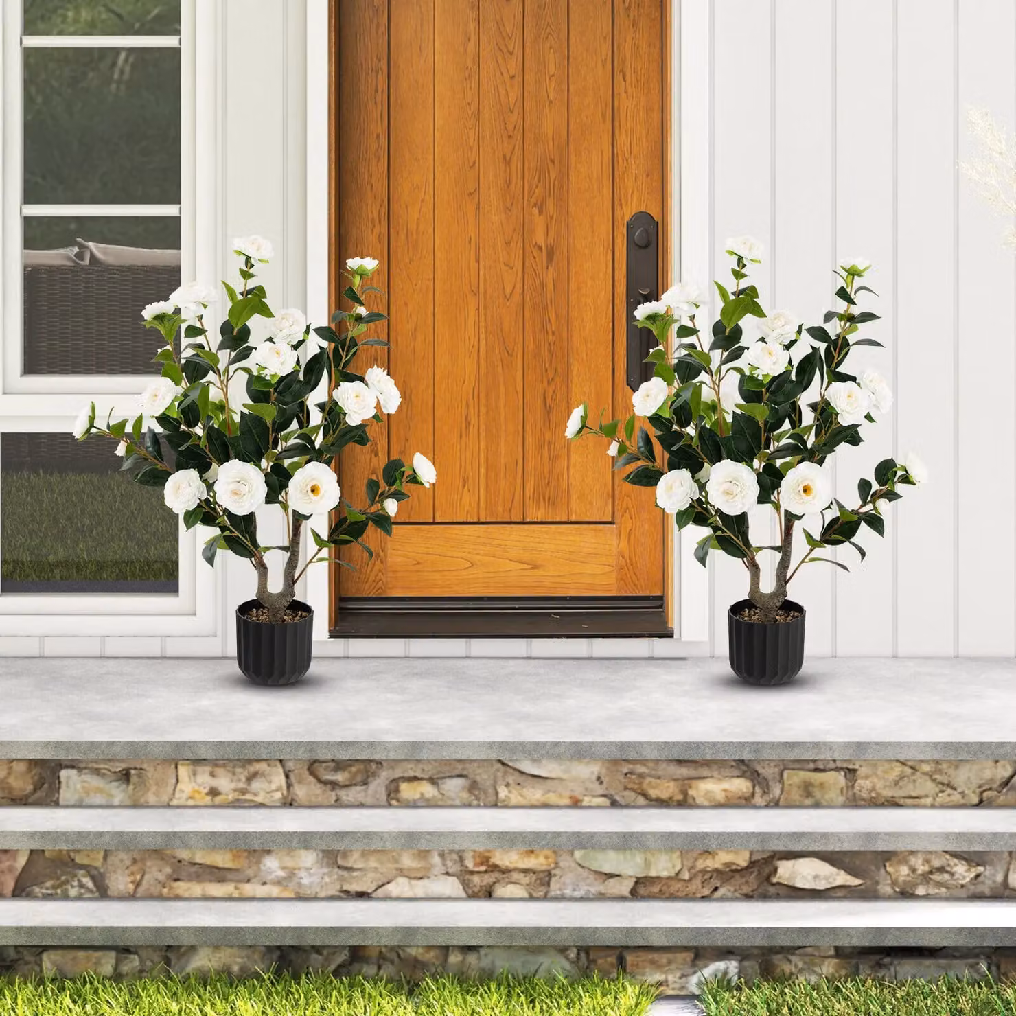 Costway 2 Pack Artificial Camellia Tree Faux Floral Plants in White – 3