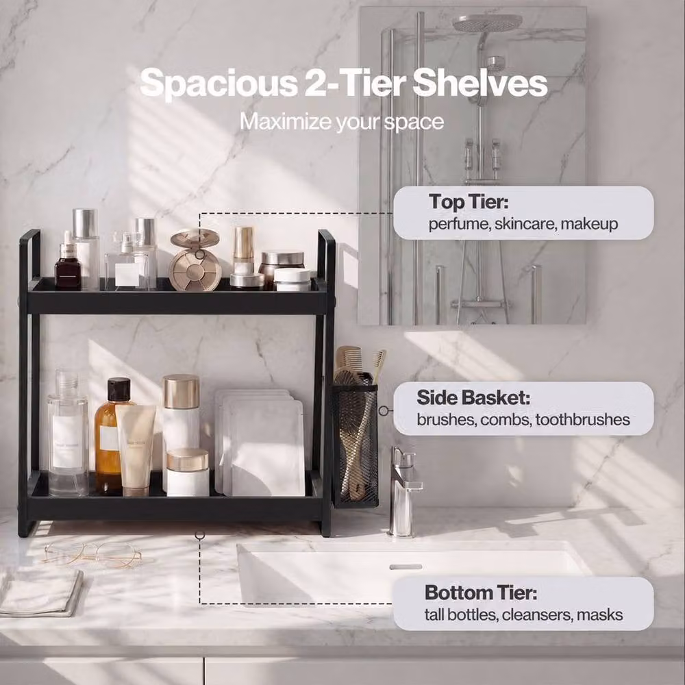 EONLION Black 2 Tier Freestanding Bathroom Organiser Storage Shelf with Wood and Metal Construction – 3