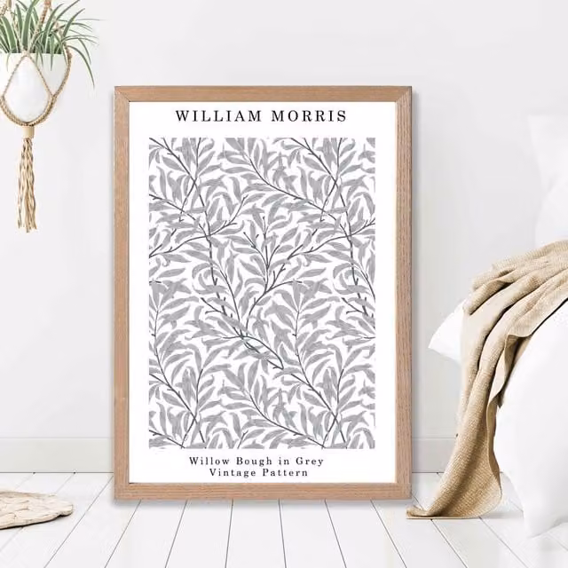 ARTZE William Morris Willow Floral Art Print in Grey with Light Grey Oak Frame, A4