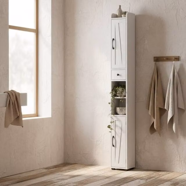 Wyld Haus Mittori Slim Farmhouse Bathroom Cabinet in White with Barn Doors and Toilet Roll Holder – 1