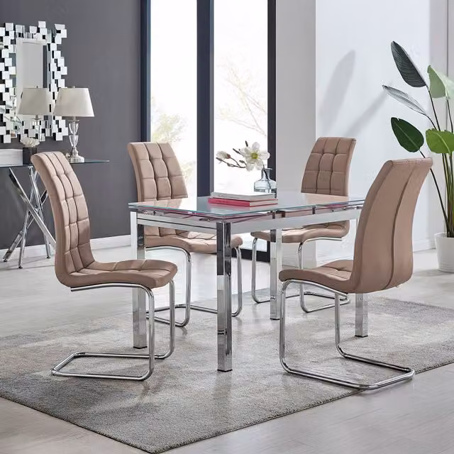 FurnitureboxUK Enna White Glass Extending Dining Table and 4 Murano Chairs in Cappuccino