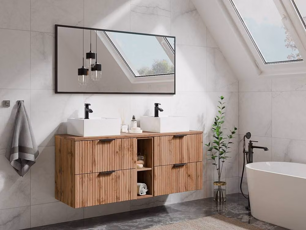 Vente-unique Striped Floating Vanity Unit with Shelves in Light Natural Oak, W: 140 cm – 2