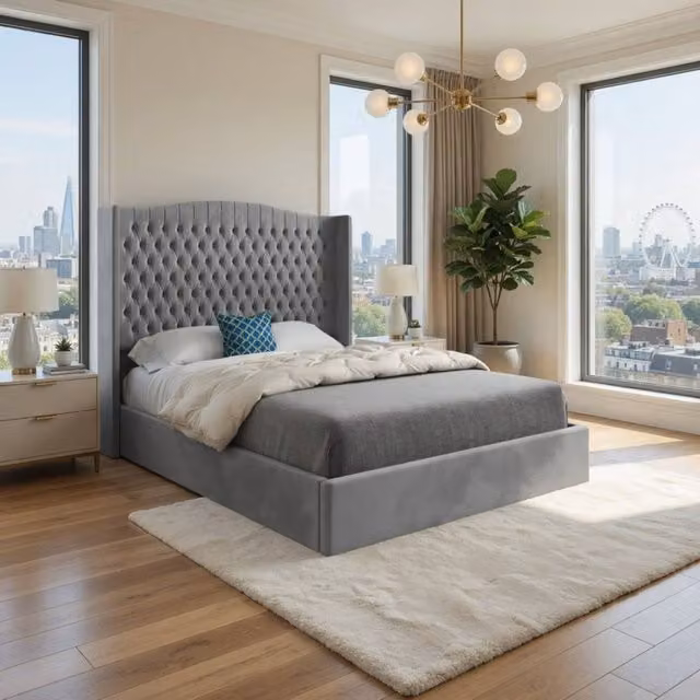 KDMD Stockport Winged Upholstered Grey Soft Velvet Designer Bed Frame, Size: Double (W/D/H: 140 x 200 cm)