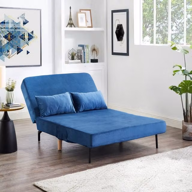 George Blue Velvet Double Futon Sofa Bed with Scatter Cushions, 140 x 200 cm